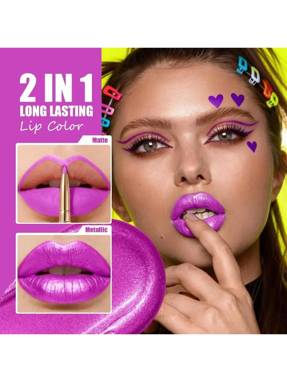 Women's GB12 Whisper Metallic 2-in-1 Glitter Long Lasting Lipstick & Lip Liner